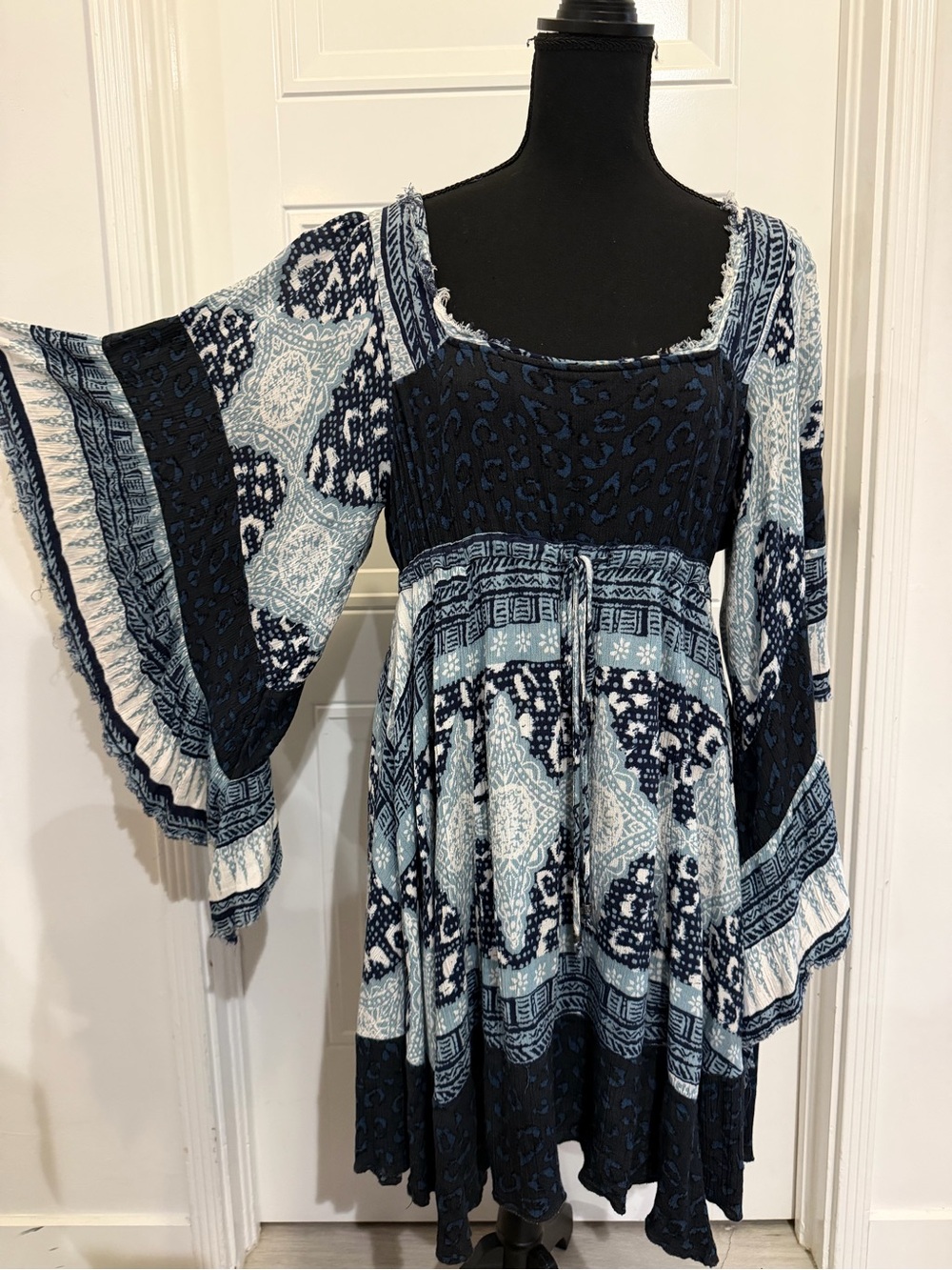 Free People Navy and Light Blue Boho Bell-Sleeve Dress